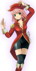 Rule 34 | 1990s (style), 1girl, blush, boots, breasts, cannoneer, cleavage, final fantasy, final fantasy v, green eyes, hat, jacket, lenna charlotte tycoon, miniskirt, pencil skirt, pink hair, pirate, popped collar, red hat, retro artstyle, short hair, skirt, solo, split mouth, thighhighs, uniform, zettai ryouiki
