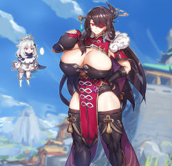 Rule 34 | 2girls, absurdres, alternate breast size, beidou (genshin impact), black hair, boots, breasts, cleavage, curvy, earrings, eyepatch, fingerless gloves, genshin impact, gloves, hair ornament, hairpin, hand on own hip, highres, huge breasts, jewelry, long hair, melon22, multiple girls, paimon (genshin impact), pelvic curtain, red eyes, standing, thick thighs, thigh boots, thighhighs, thighs