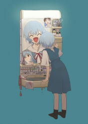 Rule 34 | 1girl, ^ ^, absurdres, ayanami rei, black socks, blue dress, blue hair, canvas (object), closed eyes, commentary, dorarin, drawing, drawing (object), dress, facing away, from behind, full body, green background, highres, holding, holding brush, ikari shinji, mirror, neck ribbon, neon genesis evangelion, no shoes, paint, photo (object), reflection, ribbon, school uniform, shirt, short hair, short sleeves, simple background, sink, socks, solo, tokyo-3 middle school uniform, white shirt
