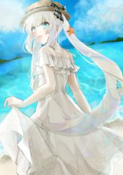 Rule 34 | 1girl, :d, beach, blue eyes, bow, brown hat, cloud, day, dress, dutch angle, fate/grand order, fate (series), floating hair, hat, hat bow, long dress, long hair, marie antoinette (fate), marie antoinette (swimsuit caster) (second ascension) (fate), ocean, open mouth, outdoors, pukuda915, silver hair, skirt hold, smile, solo, starfish hair ornament, sundress, very long hair, white dress
