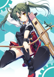 Rule 34 | 10s, 1girl, armor, arrow (projectile), black thighhighs, bow (weapon), breastplate, green hair, highres, kantai collection, long hair, looking at viewer, on one knee, panties, pantyshot, raiou, skirt, smile, solo, thighhighs, twintails, underwear, upskirt, weapon, white panties, yellow eyes, zuikaku (kancolle)