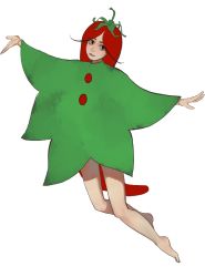 Rule 34 | 1girl, absurdres, barefoot, copyright request, highres, long hair, looking at viewer, mossacannibalis, outstretched arms, parted lips, red hair, simple background, smile, solo, spread arms, tomato costume, very long hair, white background