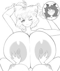 2girls angry breasts futatsuiwa_mamizou glasses grabbing_another&#039;s_breast groping huge_breasts looking_at_viewer lying monochrome multiple_girls nipples on_person one_eye_closed ponytail simple_background smile thanuki touhou white_background yakumo_ran