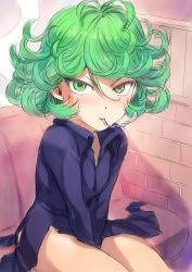 Rule 34 | 1girl, black dress, blush, breasts, curly hair, dress, green eyes, green hair, hands between legs, highres, looking at viewer, mogudan, one-punch man, short hair, sitting, small breasts, solo, spoon bending, tatsumaki, thighs, utensil in mouth