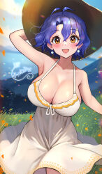Rule 34 | 1girl, antenna hair, arm up, armpits, bare shoulders, blue hair, blush, breasts, c (theta), cleavage, collarbone, dark blue hair, dress, falling petals, field, hat, highres, idolmaster, idolmaster million live!, large breasts, looking at viewer, outdoors, petals, signature, smile, solo, spaghetti strap, straw hat, sundress, toyokawa fuka, white dress