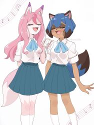Rule 34 | 2girls, :d, animal ears, animal nose, artist name, black hair, blue bow, blue bowtie, blue hair, blue skirt, blush, bob cut, bow, bowtie, brand new animal, breasts, cellphone, closed mouth, collared shirt, dark-skinned female, dark skin, earbuds, earphones, eyelashes, feet out of frame, fox ears, fox girl, fox tail, furry, furry female, hair between eyes, hair over shoulder, highres, hiwatashi nazuna, holding, holding phone, kagemori michiru, multicolored hair, multiple girls, music, musical note, nimono (nimono9292), open mouth, phone, pink hair, pleated skirt, raccoon ears, raccoon girl, raccoon nose, raccoon tail, school uniform, shared earphones, shirt, short hair, short sleeves, side-by-side, signature, simple background, singing, skirt, small breasts, smartphone, smile, socks, staff (music), tail, twitter username, two-tone hair, white background, white shirt, white socks