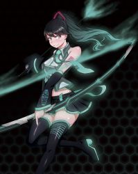 Rule 34 | 10s, 1girl, aqua hair, arrow (projectile), asymmetrical gloves, black hair, bow (weapon), cosplay, detached sleeves, gloves, gradient hair, grey eyes, hatsune miku, hatsune miku (cosplay), highres, houshou (kancolle), kantai collection, long hair, looking at viewer, midriff, mismatched gloves, multicolored hair, nail polish, necktie, ponytail, rasson, smile, solo, tattoo, thighhighs, vocaloid, weapon