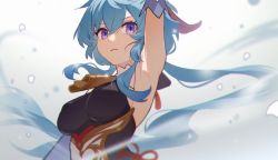 Rule 34 | 1girl, arm up, armpits, bell, blue hair, breasts, cowbell, ganyu (genshin impact), genshin impact, gradient background, hanamoto410, highres, long hair, looking at viewer, medium breasts, neck bell, open mouth, purple eyes, sleeveless, solo, upper body, white background