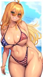 1girl ahoge american_flag american_flag_print bikini blonde_hair blue_bikini breasts cleavage cowboy_shot flag_print green_eyes highleg highleg_bikini highres huge_breasts large_breasts long_hair multicolored_bikini multicolored_clothes navel ocean original print_bikini r123 red_bikini solo sunglasses swimsuit thank_you thigh_gap two-tone_bikini white_bikini wide_hips