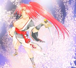 Rule 34 | 1girl, arc system works, baiken, breasts, cleavage, female focus, full body, guilty gear, japanese clothes, kimono, large breasts, long hair, misumikouji, pink hair, smoking pipe, ponytail, sandals, solo, sword, tattoo, weapon, wink, yellow eyes