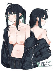 Rule 34 | 1girl, absurdres, black hair, black jacket, black pants, blush, bra, breasts, cleavage, commentary request, cropped legs, green eyes, green hair, hair between eyes, highres, jacket, large breasts, long hair, midorino (green-happy), multiple views, nipples, off shoulder, open clothes, open jacket, original, pants, parted lips, ponytail, sidelocks, simple background, sweat, track jacket, translation request, underwear, white background
