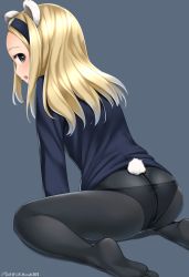 Rule 34 | 1girl, absurdres, aleksandra i. pokryshkin, animal ears, artist name, ass, bear ears, bear tail, black panties, black pantyhose, blonde hair, blue background, blue eyes, blush, brave witches, butt crack, hair ornament, hairband, highres, hiroshi (hunter-of-kct), looking at viewer, looking back, military, military uniform, open mouth, panties, panties under pantyhose, pantyhose, simple background, soles, solo, tail, underwear, uniform, world witches series