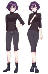 Rule 34 | 1girl, absurdres, arm at side, arm behind back, black footwear, black pants, black sweater, boots, breasts, capri pants, clenched hand, closed mouth, commentary request, cross-laced footwear, crossed bangs, crossed legs, full body, hair between eyes, hand on own hip, hand up, highres, hiiragi noa (world dai star), light blush, looking at viewer, medium breasts, multiple views, oji (zeit ff5f00), pants, purple eyes, purple hair, serious, short hair, simple background, sleeves rolled up, smile, standing, sweater, tachi-e, turtleneck, turtleneck sweater, white background, world dai star