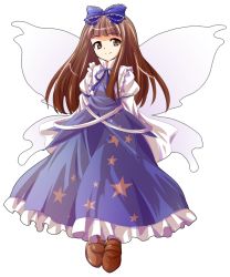 Rule 34 | 1girl, alphes (style), bad id, bad pixiv id, bow, brown eyes, brown hair, dairi, dress, full body, hair bow, long hair, looking at viewer, parody, ribbon, smile, solo, star sapphire, style parody, touhou, transparent background, wings