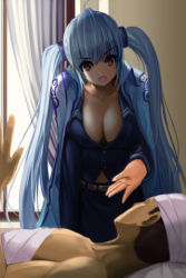 Rule 34 | 1girl, bandages, belt, blue hair, breasts, brown eyes, cleavage, injury, large breasts, leaning forward, long hair, lowres, luthica preventer, open clothes, skirt, sword girls, twintails