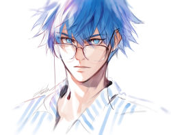 Rule 34 | 1boy, bad id, bad twitter id, blue eyes, blue hair, closed mouth, danhu, eyewear strap, fate/grand order, fate (series), glasses, hair between eyes, hans christian andersen (adult) (fate), hans christian andersen (fate), looking at viewer, male focus, multicolored shirt, shirt, short hair, simple background, solo, striped clothes, striped shirt