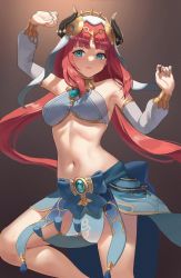 Rule 34 | 1girl, anteiru, aqua eyes, arms up, bare shoulders, blue skirt, brooch, brown background, circlet, crop top, dancer, feet out of frame, genshin impact, harem outfit, highres, horns, jewelry, long hair, long sleeves, looking at viewer, low twintails, neck ring, nilou (genshin impact), parted bangs, parted lips, pelvic curtain, red hair, sidelocks, simple background, skirt, solo, thighs, twintails, veil