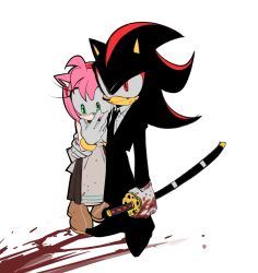 Rule 34 | 1boy, 1girl, alternate costume, amy rose, apron, arm around waist, blood, blood on clothes, blood on face, commentary request, formal, frown, furry, furry female, furry male, gloves, green eyes, hands on own face, highres, holding, holding sword, holding weapon, katana, korean commentary, looking at viewer, looking down, mojunpwo, red eyes, shadow the hedgehog, simple background, sonic (series), suit, sword, weapon, white gloves