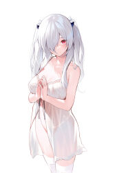 Rule 34 | 1girl, babydoll, black ribbon, breasts, closed mouth, collarbone, commentary request, hair ornament, hair over one eye, highres, legs together, long hair, looking at viewer, medium breasts, nekomu, no panties, one eye covered, original, own hands together, ribbon, simple background, smile, solo, standing, thighhighs, thighs, twintails, white background, white hair, white thighhighs