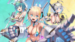 Rule 34 | 3girls, :d, ahoge, antenna hair, armor, axe, bikini, bikini armor, black bikini, blonde hair, blue background, breasts, closed mouth, commentary request, gariben girl v, green background, grey hair, headgear, highres, holding, holding axe, holding weapon, large breasts, looking at viewer, mechanical arms, multicolored background, multiple girls, official art, open mouth, short hair, smile, swimsuit, takamine nadare, weapon, yellow background
