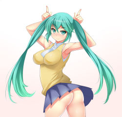Rule 34 | 1girl, armpits, arms up, ass, breasts, casual, cowboy shot, green eyes, green hair, hatsune miku, hevn, large breasts, long hair, looking at viewer, looking back, matching hair/eyes, no panties, pleated skirt, skirt, sleeveless, smile, solo, twintails, twisted torso, very long hair, vocaloid