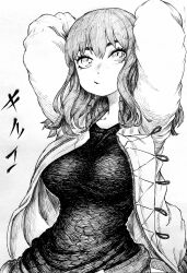 Rule 34 | 1girl, :/, absurdres, arms behind head, arms up, breasts, character name, chronozbergh, closed mouth, greyscale, hair between eyes, hatching (texture), highres, jacket, kiruko (tengoku daimakyou), large breasts, linear hatching, long sleeves, looking at viewer, medium hair, monochrome, open clothes, open jacket, shirt, simple background, solo, t-shirt, tengoku daimakyou, upper body