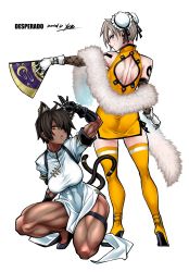 Rule 34 | 2girls, absurdres, animal ear fluff, animal ears, ass, back, back cutout, bare legs, black footwear, black gloves, black hair, blue eyes, boots, breasts, bun cover, cat ears, cat tail, china dress, chinese clothes, clothing cutout, dark-skinned female, dark skin, desperado (yotaro), detached sleeves, double bun, dress, earrings, feather boa, fishnet sleeves, fishnets, folding fan, gloves, hair bun, hair over one eye, hand fan, high heel boots, high heels, highres, holding, holding fan, jewelry, large breasts, mao (yotaro), multiple girls, multiple tails, muscular, muscular female, no bra, on one knee, panties, short dress, shoulder tattoo, side-tie panties, simple background, slit pupils, squatting, tachibana rikka, tail, tail ornament, tail ring, tattoo, thick thighs, thigh boots, thighhighs, thighs, underwear, white background, white gloves, yellow dress, yotaro