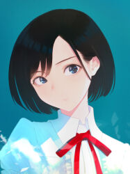 Rule 34 | 1girl, black eyes, black hair, blouse, blue background, blurry, bob cut, closed mouth, collared shirt, dackq, frilled shirt, frilled sleeves, frills, head tilt, highres, lips, looking at viewer, medium hair, neck ribbon, original, portrait, puffy short sleeves, puffy sleeves, red ribbon, ribbon, shirt, short sleeves, simple background, solo, swept bangs, white shirt