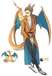 1boy black_pants brown_hair charizard cigarette closed_eyes coat collarbone creatures_(company) flame-tipped_tail game_freak gen_1_pokemon grey_footwear grey_shirt horns long_sleeves male_focus mouth_hold nintendo orange_coat pants personification pokemon pokemon_(creature) reference_inset shirt simple_background smoking tail tamtamdi translated white_background