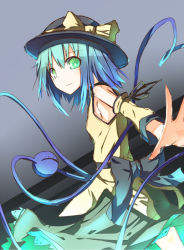 Rule 34 | 1girl, adapted costume, aqua hair, blue hair, bow, breasts, detached sleeves, female focus, green eyes, hat, hat bow, ichiyan, komeiji koishi, light smile, multicolored hair, short hair, sideboob, small breasts, smile, solo, third eye, touhou, two-tone hair