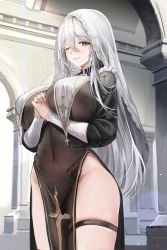 Rule 34 | 1girl, absurdres, black dress, blush, breast curtains, breasts, cleavage, covered navel, cross, dress, grey hair, habit, hair between eyes, highres, huge breasts, lillly, long hair, long sleeves, looking at viewer, nun, one eye closed, pelvic curtain, smile, solo, thigh strap, thighs, very long hair
