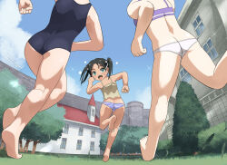 Rule 34 | 3girls, ass, black hair, blue one-piece swimsuit, blush, butt crack, francesca lucchini, green eyes, hair ribbon, hosoinogarou, looking back, miyafuji yoshika, multiple girls, one-piece swimsuit, open mouth, outdoors, panties, perrine h. clostermann, ribbon, running, short hair, sky, strike witches, striped clothes, striped panties, swimsuit, twintails, underwear, white panties, world witches series
