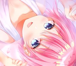 Rule 34 | 1girl, :d, amedamacon, bare shoulders, bed sheet, blue eyes, blurry, blurry background, blush, collarbone, commentary request, depth of field, dress, dutch angle, go-toubun no hanayome, hair between eyes, holding hands, looking at viewer, lying, nakano ichika, on back, open mouth, pink hair, sleeveless, sleeveless dress, smile, solo focus, twitter username, white dress