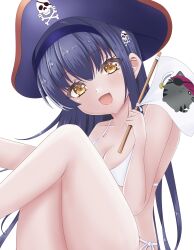Rule 34 | 1girl, :d, aabi uri, alternate costume, animal print, bikini, black hair, black hairband, blush, bone hair ornament, breasts, cat print, cleavage, collarbone, commentary, eyepatch, flag, hair between eyes, hair ornament, hairband, hand up, happy, hat, highres, holding, holding flag, knees together feet apart, kushima kamome, legs up, long hair, looking at viewer, medium breasts, open mouth, out-of-frame censoring, pirate hat, side-tie bikini bottom, simple background, sitting, skull and crossbones, skull hair ornament, smile, solo, straight hair, summer pockets, swimsuit, thighs, tsurime, upper body, very long hair, white background, white bikini, yellow eyes