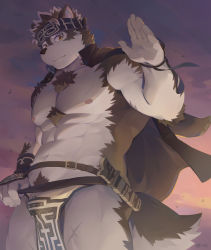 Rule 34 | 1boy, abs, absurdres, ainu clothes, animal ears, bara, bare pectorals, bulge, chest hair, clothes lift, feet out of frame, furry, furry male, grey fur, grey hair, headband, highres, horkeu kamui, jacket, jacket on shoulders, large pectorals, looking at viewer, male focus, male pubic hair, multicolored hair, muscular, muscular male, navel, nipples, no shirt, pectorals, pelvic curtain, pelvic curtain lift, pubic hair, pulled by self, seamonsterping, short hair, smile, solo, stomach, sunset, tail, thick thighs, thighs, tokyo houkago summoners, two-tone fur, two-tone hair, waving, wolf boy, wolf ears, wolf tail, yellow eyes