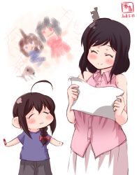 Rule 34 | 2girls, :3, ahoge, alternate costume, artist logo, black hair, black shorts, blouse, blue eyes, blue shirt, blush stickers, braid, child&#039;s drawing, commentary request, crayon, dated, drawing, closed eyes, hair ornament, hair over shoulder, highres, kanon (kurogane knights), kantai collection, long hair, mother&#039;s day, multiple girls, pink shirt, red eyes, shigure (kancolle), shirt, short hair, shorts, simple background, single braid, skirt, sleeveless shirt, smile, white background, white skirt, yamashiro (kancolle), aged down