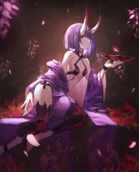 Rule 34 | 1girl, absurdres, anklet, bad id, bad twitter id, barefoot, black thighhighs, blunt bangs, cup, fate/grand order, fate (series), hair ornament, highres, horns, jewelry, off shoulder, oni, petals, peulopi, purple eyes, purple hair, sakazuki, short hair, shuten douji (fate), sitting, smile, solo, thighhighs, toeless legwear, toes