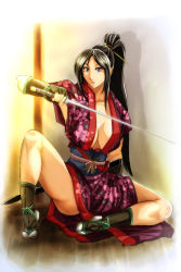 Rule 34 | 1girl, black hair, blue eyes, breasts, dress, female focus, hair ornament, hairclip, holding, holding sword, holding weapon, japanese clothes, katana, kimono, large breasts, leg up, legs apart, lightning, lips, long hair, looking at viewer, on ground, original, penzoom, ponytail, revealing clothes, samurai, sandals, solo, sword, weapon