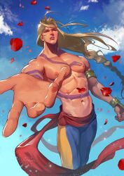 Rule 34 | 1boy, absurdres, arm tattoo, armlet, belt, blonde hair, blood, blood from mouth, blue eyes, blue pants, blue sky, braid, chest tattoo, cowboy shot, dated, falling petals, fumezu1, highres, long hair, male focus, muscular, muscular male, navel, outstretched hand, pants, parted bangs, parted lips, petals, red belt, red petals, signature, single braid, sky, snake tattoo, solo, street fighter, tattoo, topless male, two-tone pants, vega (street fighter), yellow pants