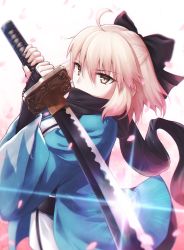 Rule 34 | 1girl, black bow, black scarf, blonde hair, bow, cherry blossoms, fal (fal-se-0), fate/grand order, fate (series), hair between eyes, hair bow, half updo, highres, holding, holding sword, holding weapon, japanese clothes, katana, kimono, kimono skirt, long hair, okita souji (fate), okita souji (koha-ace), scarf, scarf over mouth, shinsengumi, solo, sparkle, standing, sword, upper body, weapon, white background, white kimono, yellow eyes
