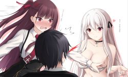Rule 34 | 1boy, 2girls, ^^^, anger vein, bare arms, bare shoulders, black choker, black hair, black ribbon, black skirt, blood, blush, bow, bra, breasts, brown hair, choker, cleavage, closed mouth, collarbone, collared shirt, commander (girls&#039; frontline), commentary request, facing away, girls&#039; frontline, griffin &amp; kryuger military uniform, hair between eyes, hair bow, hair ribbon, heart, highres, husband and wives, kar98k (girls&#039; frontline), keenh, long hair, medium breasts, multiple girls, nose blush, nosebleed, one side up, open mouth, red bow, red eyes, red neckwear, ribbon, shirt, simple background, skirt, smile, speed lines, suspender skirt, suspenders, translation request, underwear, undressing, v-shaped eyebrows, very long hair, wa2000 (girls&#039; frontline), white background, white bra, white hair, white shirt