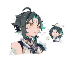 Rule 34 | 1boy, ?, ahoge, animal, arm tattoo, bead necklace, beads, bird, black hair, chibi, chick, closed mouth, facial mark, flying sweatdrops, forehead mark, genshin impact, gloves, green hair, highres, jewelry, makeup, male focus, messy hair, multicolored hair, multiple views, necklace, open mouth, simple background, sweat, tattoo, upper body, waaaai osushi, white background, xiao (genshin impact), yellow eyes