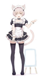 Rule 34 | 1girl, absurdres, alternate costume, animal ears, apron, black dress, black footwear, black pantyhose, blush, cat ears, cat tail, closed eyes, dress, enmaided, full body, hair between eyes, highres, kantai collection, maid, maid apron, maid headdress, open mouth, pantyhose, puffy short sleeves, puffy sleeves, ryo (tg290), shoes, short hair, short sleeves, smile, solo, tail, white apron, white background, white hair, wrist cuffs, z1 leberecht maass (kancolle)