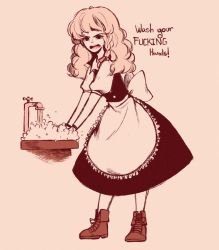 Rule 34 | 1girl, angry, ankle boots, apron, back bow, black skirt, black vest, blonde hair, boots, bow, braid, collared shirt, coronavirus pandemic, cross-laced footwear, english text, faucet, highres, kirisame marisa, lace-up boots, linmiee, long hair, long skirt, looking at viewer, no headwear, profanity, puffy short sleeves, puffy sleeves, shirt, short sleeves, side braid, single braid, sink, skirt, skirt set, soap bubbles, solo, touhou, vest, waist apron, washing hands, wavy hair