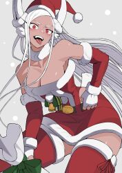 Rule 34 | 1girl, absurdres, animal ears, bare shoulders, bell, boku no hero academia, breasts, christmas, cleavage, collarbone, dark-skinned female, dark skin, detached sleeves, dress, fingerless gloves, fur-trimmed headwear, fur-trimmed leotard, fur-trimmed skirt, fur-trimmed sleeves, fur-trimmed thighhighs, fur collar, fur trim, gloves, grey background, hat, highres, holding, holding sack, koyap, large breasts, leaning to the side, leotard, long eyelashes, long hair, looking at viewer, mirko, open mouth, parted bangs, pom pom (clothes), rabbit ears, rabbit girl, red eyes, red hat, red leotard, red skirt, red sleeves, red thighhighs, sack, santa dress, santa hat, skirt, snow, solo, strapless, strapless leotard, teeth, thighhighs, thighs, tongue, tongue out, upper teeth only, very long hair, white gloves, white hair