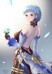 Rule 34 | 1girl, absurdres, artist name, back, backless dress, backless outfit, bare shoulders, black gloves, blue flower, blue hair, bodysuit, braid, breasts, brown bodysuit, brown eyes, commentary, commission, cosplay, crown braid, dress, english commentary, english text, fire emblem, fire emblem: three houses, flower, ganyu (genshin impact), ganyu (genshin impact) (cosplay), genshin impact, gloves, highres, holding, holding flower, leotard, looking at viewer, marianne von edmund, medium breasts, nintendo, pantyhose, parted lips, petals, ryuuneart, smile, solo, teeth