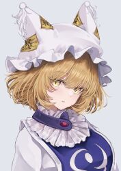 Rule 34 | 1girl, :t, animal hat, blonde hair, blue tabard, closed mouth, commentary request, dress, grey background, hat, highres, looking at viewer, medium hair, mob cap, sarasadou dan, simple background, slit pupils, solo, tabard, touhou, upper body, white dress, white hat, yakumo ran, yellow eyes