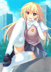 Rule 34 | + +, 1girl, :d, black footwear, blonde hair, breasts, building, cloud, crossed legs, day, elbow gloves, finger to mouth, gloves, highres, impossible clothes, large breasts, leg hold, leg up, legs, loafers, long hair, open mouth, outdoors, pleated skirt, rakkyo, school uniform, shoes, shokuhou misaki, short sleeves, sitting, skirt, sky, skyscraper, smile, solo, sweater vest, symbol-shaped pupils, thighhighs, toaru kagaku no railgun, toaru majutsu no index, tree, white gloves, white thighhighs, yellow eyes, zettai ryouiki