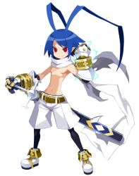 Rule 34 | 1boy, antenna hair, belt, blue hair, cross, demon boy, disgaea, disgaea rpg, full body, gauntlets, gloves, harada takehito, highres, laharl, laharl (thunderlord laharl), light persona, looking at viewer, male focus, navel, official art, pointy ears, red eyes, scarf, shoes, shorts, smile, solo, sword, topless male, transparent background, weapon, white scarf
