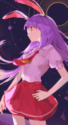 Rule 34 | 1girl, absurdres, animal ears, carrot pin, closed mouth, daedalu, from side, hand on own hip, highres, long hair, nail polish, necktie, purple hair, rabbit ears, red eyes, red nails, red necktie, red skirt, reisen udongein inaba, shirt, short sleeves, skirt, solo, touhou, white shirt